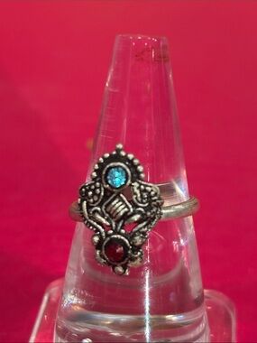 Sterling-Style Vintage-Inspired Silver Ring with Blue and Red Stones